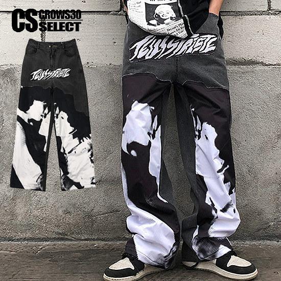 内祝い デニムパンツ メンズ ストリート系 ワイドパンツ バイカラー 白 ホワイト インポート お兄系 ビター系 個性的 V系 ホスト 21 春 夏 秋 冬 新作 21正規激安 Www Skylanceronline Com