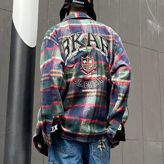 チェックシャツ メンズ ストリート系 ネルシャツ 刺繍 エンブレム アメカジ インポート 22 春 秋 冬 新作 お兄系 V系 個性的 ビジュアル系 ビター系 2年保証