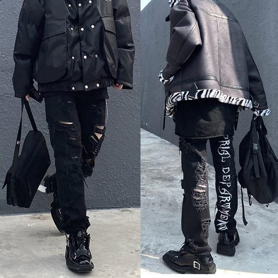 返品交換不可 派手 ジーンズ ダメージ加工 刺繍 デニムパンツ ストリート系 メンズ デニムパンツ インポート B系 ビター系 新作 冬 秋 春 22 V系 ホスト お兄系 ジーンズ デニム カラー ブラック Www Gatorheatandair Com