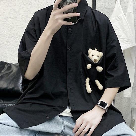 シャツ メンズ ストリート系 半袖 熊 ぬいぐるみ テディーベア 原宿系