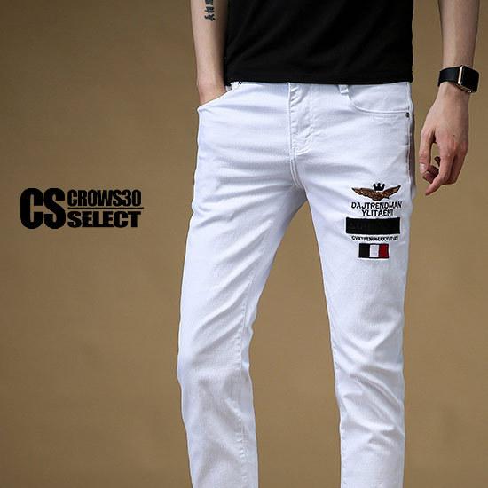 デニムパンツ メンズ ストリート系 ホワイトパンツ エンブレム 刺繍