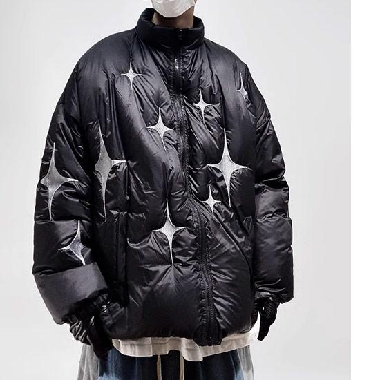 ダウンジャケット ブラック 40 商品説明必読！ ダウンジャケット メンズ V系 オラオラ系 星 スター 刺繍 30代