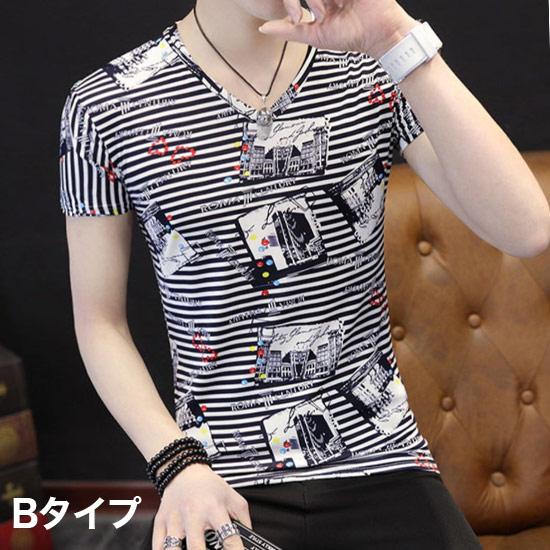 Tシャツ メンズ Vネック 総柄 ボーダー 花柄 V系 2023 春 夏 Tシャツ メンズ Vネック 総柄 ボーダー 花柄 V系 2023 春 夏
