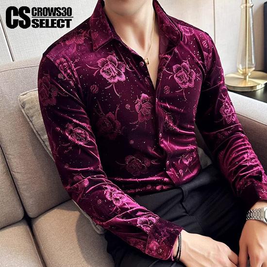 シャツ メンズ ドレスシャツ ベロアシャツ バラ柄 薔薇柄 総柄 シャツ メンズ ドレスシャツ ベロアシャツ バラ柄 薔薇柄 総柄