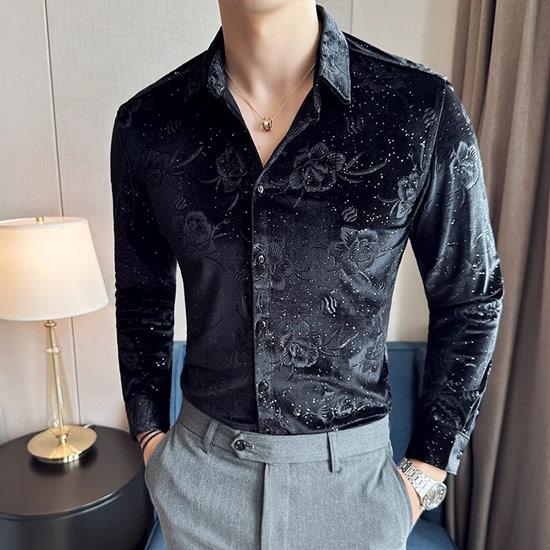 シャツ メンズ ドレスシャツ ベロアシャツ バラ柄 薔薇柄 総柄 シャツ メンズ ドレスシャツ ベロアシャツ バラ柄 薔薇柄 総柄