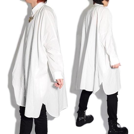 シャツ メンズ ロング丈 モードファッション ロングシャツ ビッグシャツ シャツワンピース ホワイト 白 個性的 お兄系 V系 ビジュアル系 モード 系ファッション 翌日発送可能