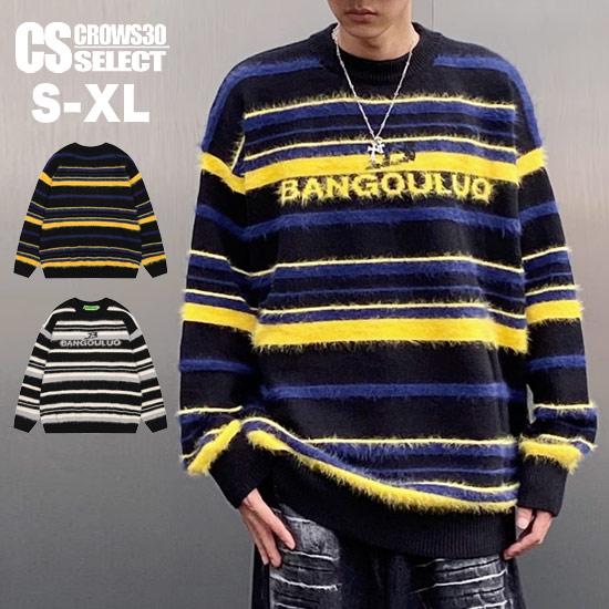 セーター メンズ ボーダー モード系 ニットソー メンズ V系 ロンT オラオラ系 セーター 総柄 刺繍 ロングTシャツ y2kファッション ヴィジュアル系 ホスト | 