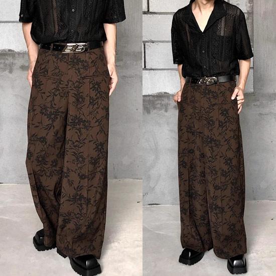ワイドパンツ メンズ V系 総柄 パンツ モード系 ボタニカル