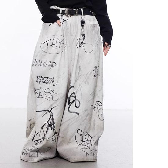 QS86 ペイント加工 グレー ワイドデニムパンツ デニムパンツ メンズ V系 モード系 パンツ レディース ワイド