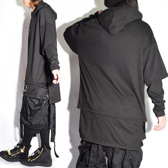 パーカー メンズ ロング丈 ロングtシャツ 変形 ロンT ブラック 黒