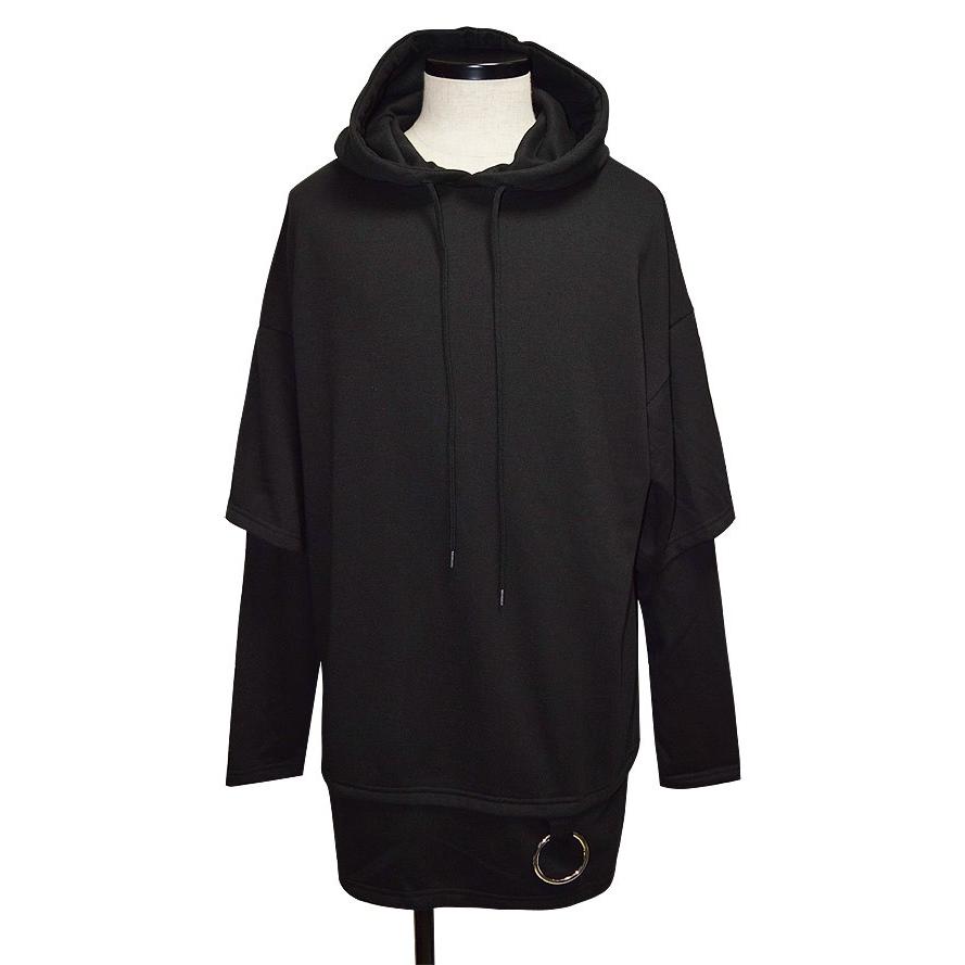 パーカー メンズ ロング丈 ロングtシャツ 変形 ロンT ブラック 黒