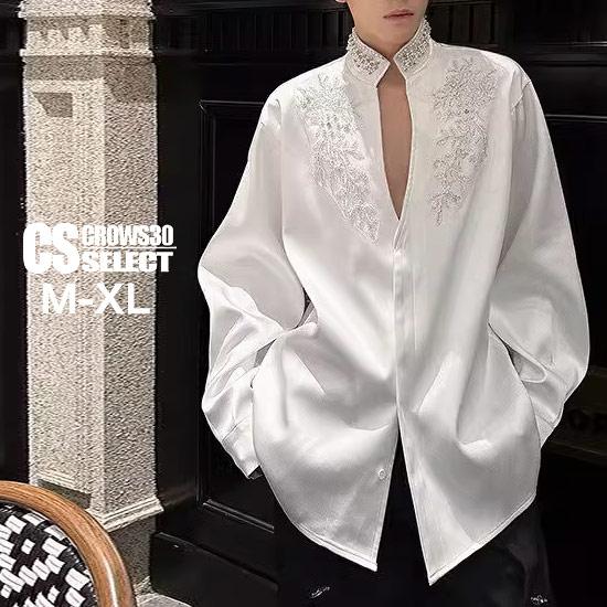 シャツ メンズ ドレスシャツ ノーカラーシャツ ハイネック ビーズ 刺繍