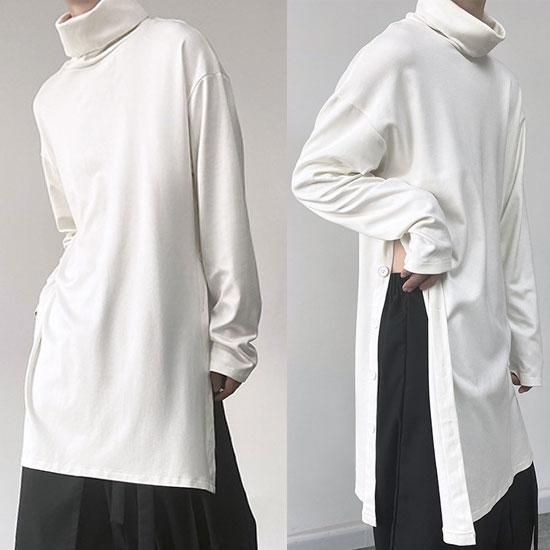 モード系 ロングTシャツ メンズ ハイネック ロンT ロング丈 V系