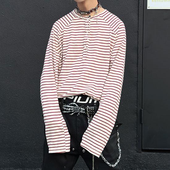 モード系 ロングTシャツ メンズ ヘンリーネック オラオラ系 ロンT V系