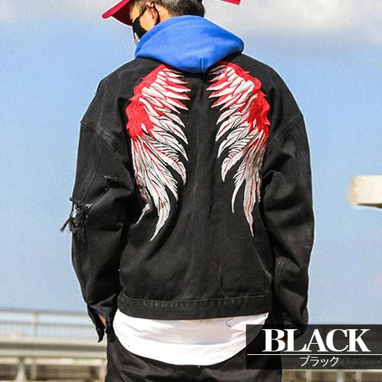 Gジャン メンズ デニムジャケット ウィング 羽 刺繍 ビック刺繍