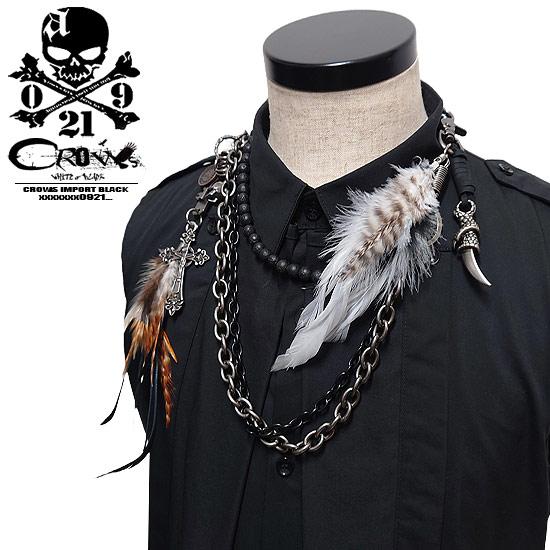 14th系 ネックレス 黒い羽根と天然石 牙 V系 ネックレス メンズ モード系 じゃらじゃらネックレス 2連