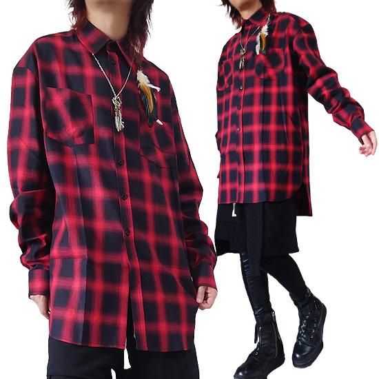 チェックシャツ メンズ モード系 シャツ ロングシャツ V系