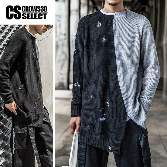 ニットソー メンズ ダメージ加工 バイカラー セーター ロングtシャツ インポート 個性的 お兄系 ホスト V系 モード系 ファッション Ali 17grayblknit Alleglo クローズ30スタイル 通販 Yahoo ショッピング