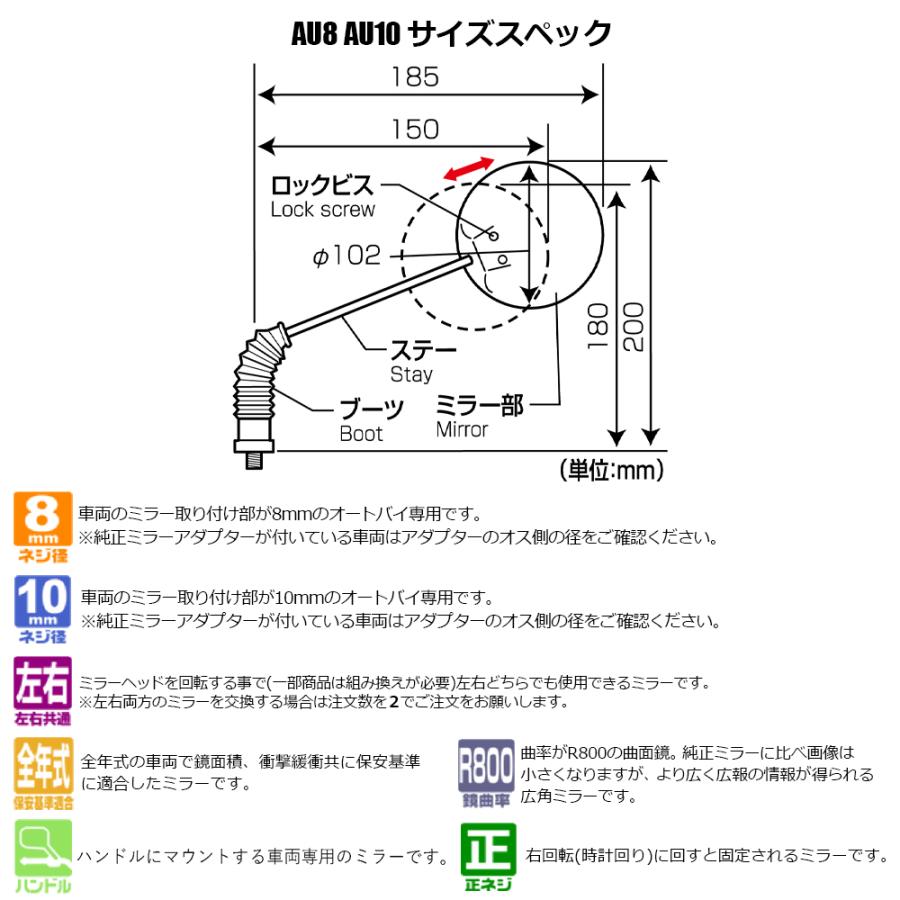 TANAX ラジカルミラー ハンドルマウントミラー  ブラック シルバー鏡 左右共通 片側1本 AU 正ネジ 8mm 10mmタナックス  ナポレオン ナポミラ｜alleguretto88jp｜02