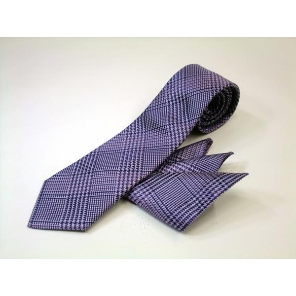 パープルとラベンダーのグレンチェックネクタイ＆ポケットチーフセット