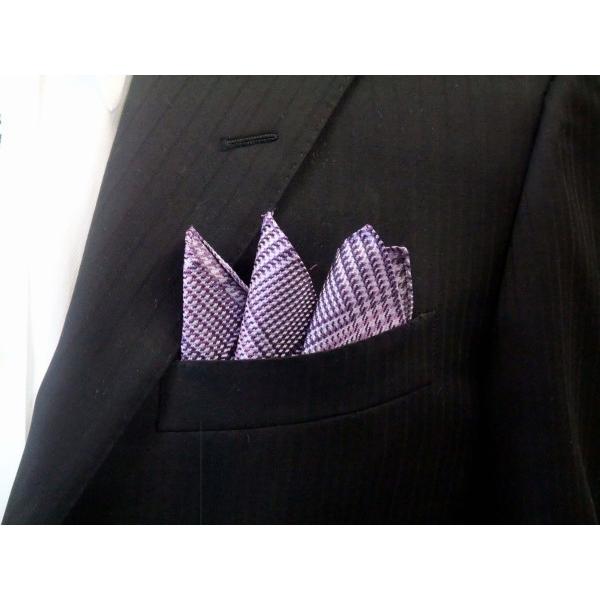 パープルとラベンダーのグレンチェックネクタイ＆ポケットチーフセット