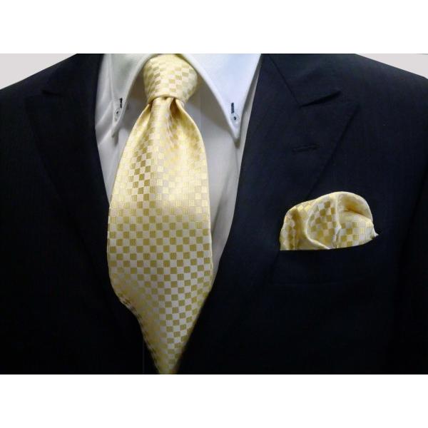 イエロー 黄色 市松模様ネクタイ ポケットチーフセット チーフ30cm