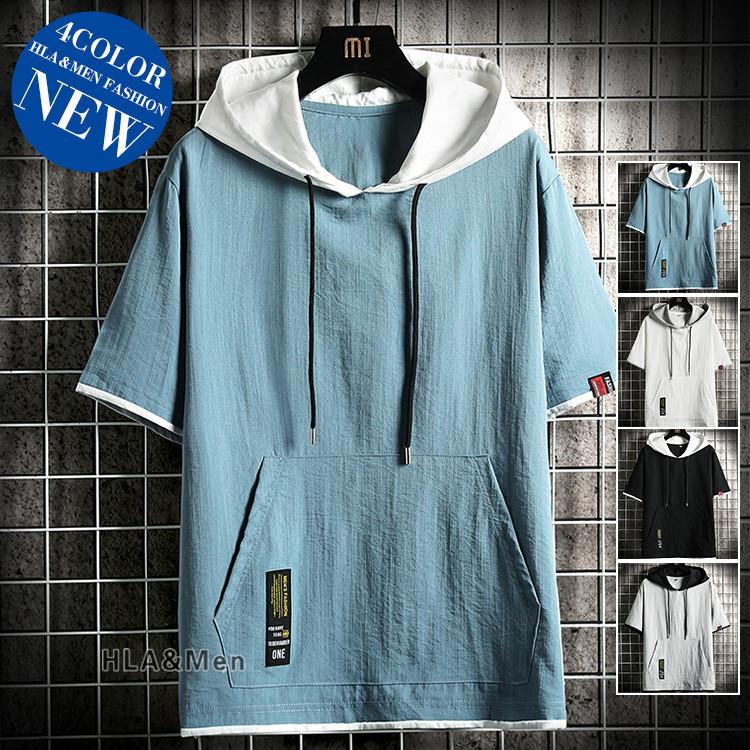 パーカー メンズ 半袖 プルオーバー パーカ 夏用パーカー トップス 重ね着風 薄手パーカー お兄系 全商品オープニング価格