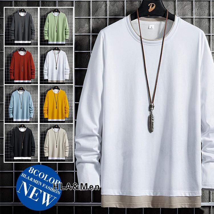 Tシャツ メンズ 長袖 ティーシャツ レイヤード風 ロンt 無地 インナーtシャツ 綿100 トップス おしゃれ 春 秋 21セール