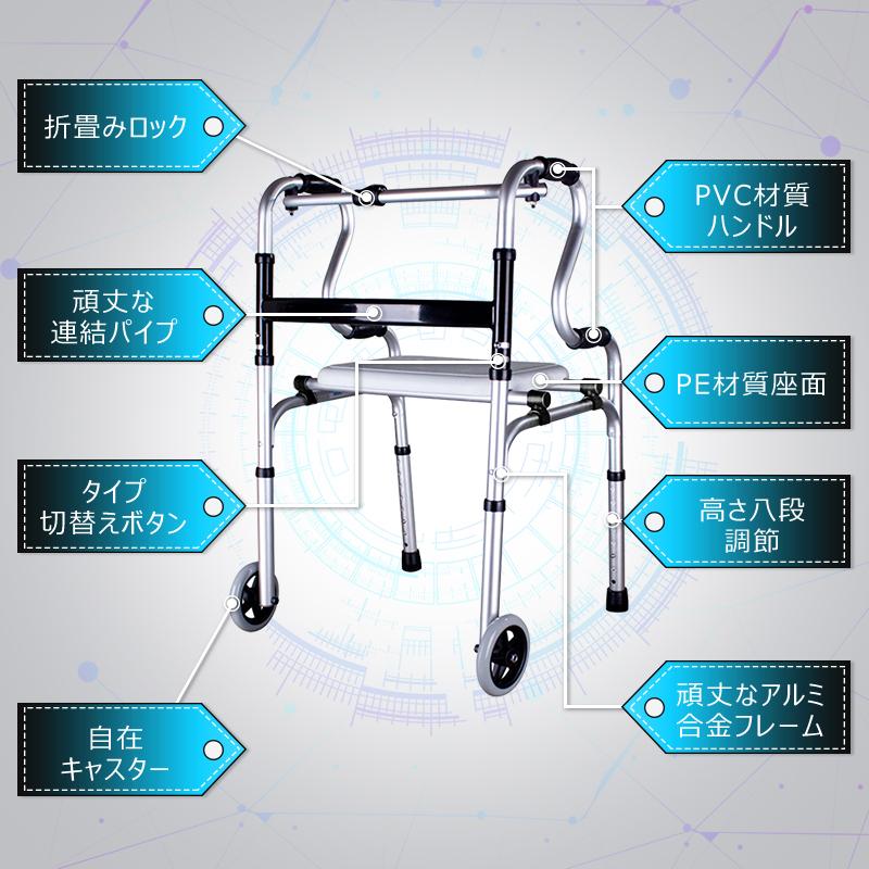 RAKU 歩行器 固定式歩行器 交互・固定2way式 多機能 転倒防止 高齢者 老人 障害者用 耐荷重100kg 高さ８段調節 介護用 折畳式 持ち運び便利｜allin-japan｜02