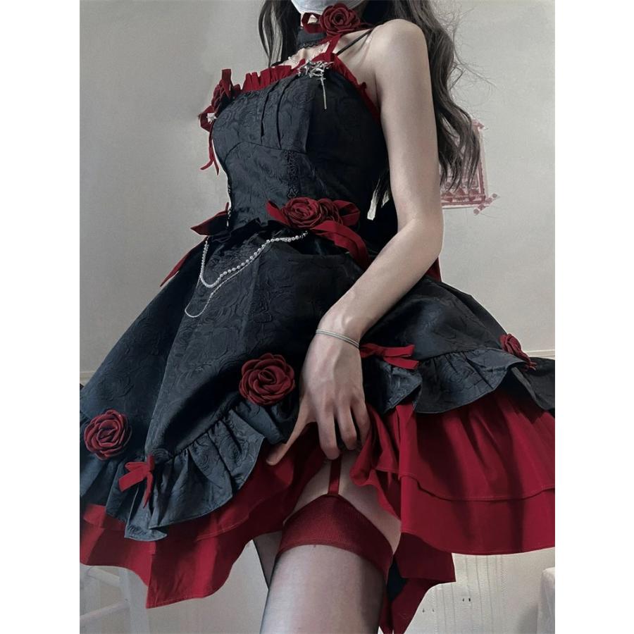 ロリータワンピース ロリータドレス 全2色 lolita  リボン 上品 エレガント おしゃれ   ゴシック サブカル系 肩出し パーティー サブカルチャー 原宿風 大人_5