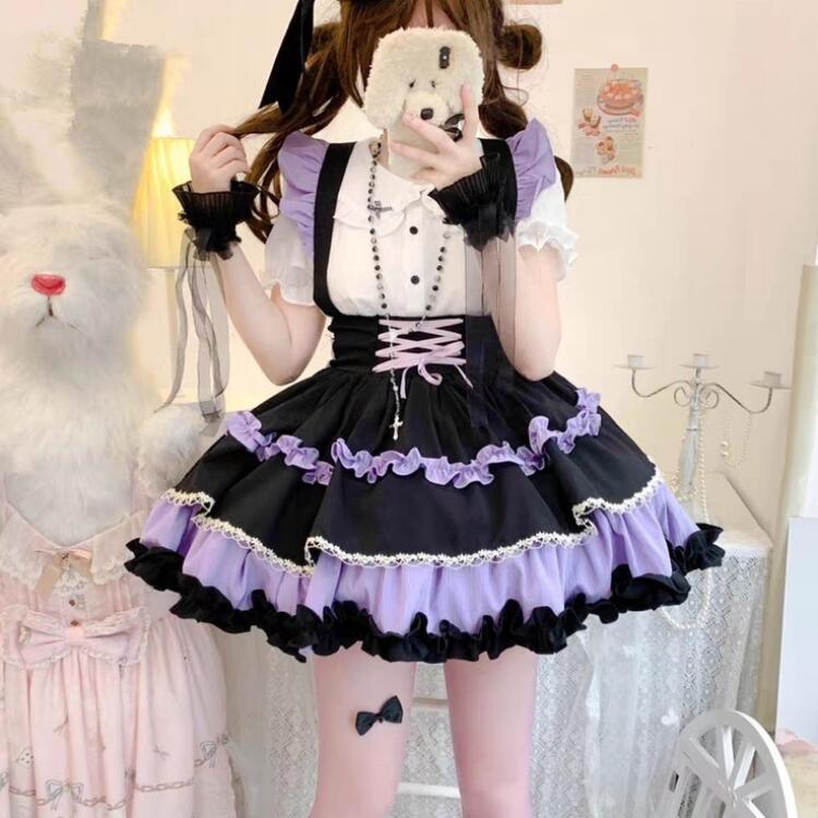 ロリータ アイドル衣装 SK ハロウィン フリル レースアップ パープル