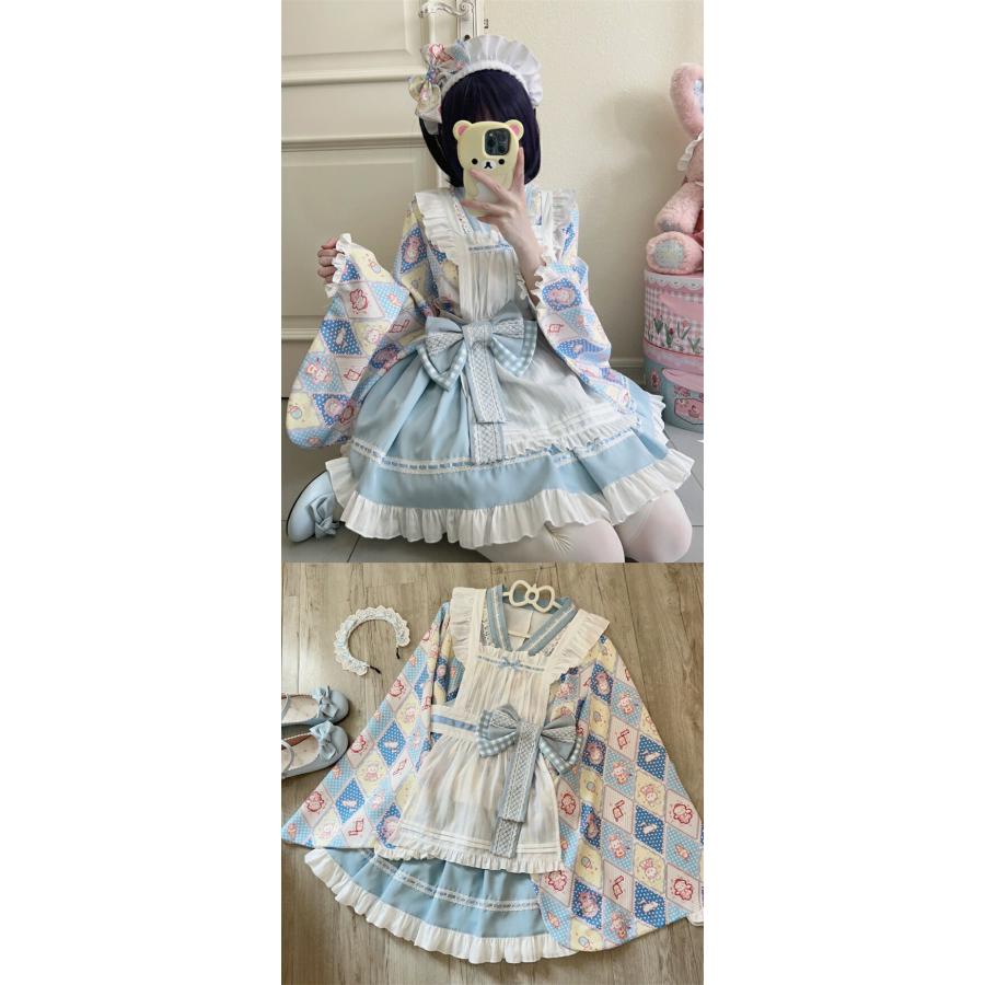 4点セット】和風ロリータ コスチューム 洋装 メイド服 ブルー スカート