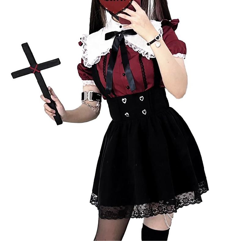 地雷系 ブラウス 半袖 取り外し可能 リボン レディース レース フリル