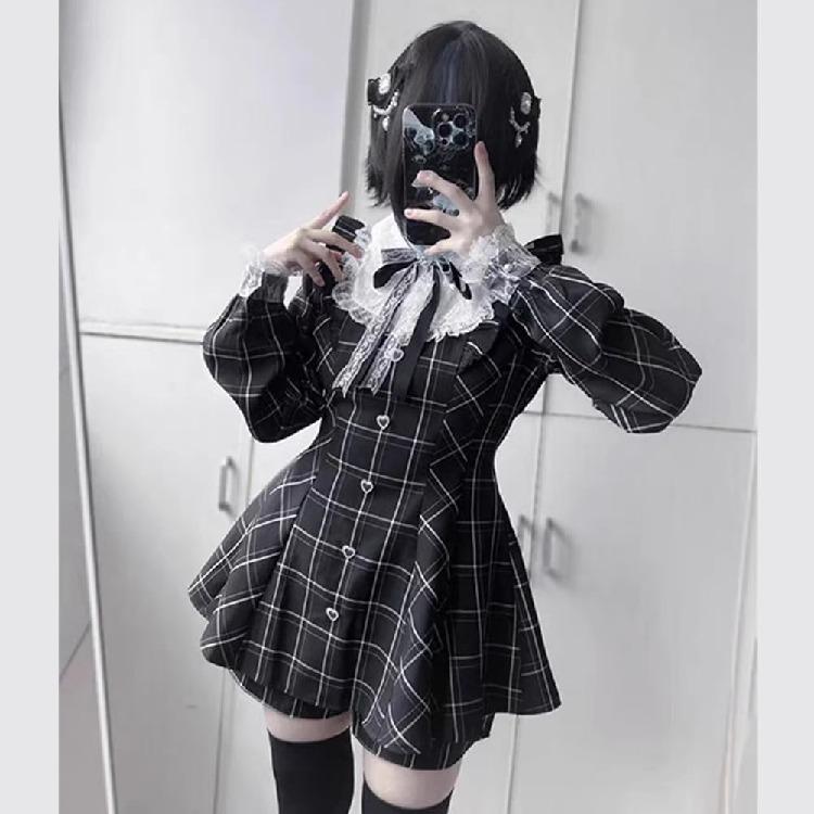 ワンピース レディース 蝶結び フリル レース チェック柄 量産型