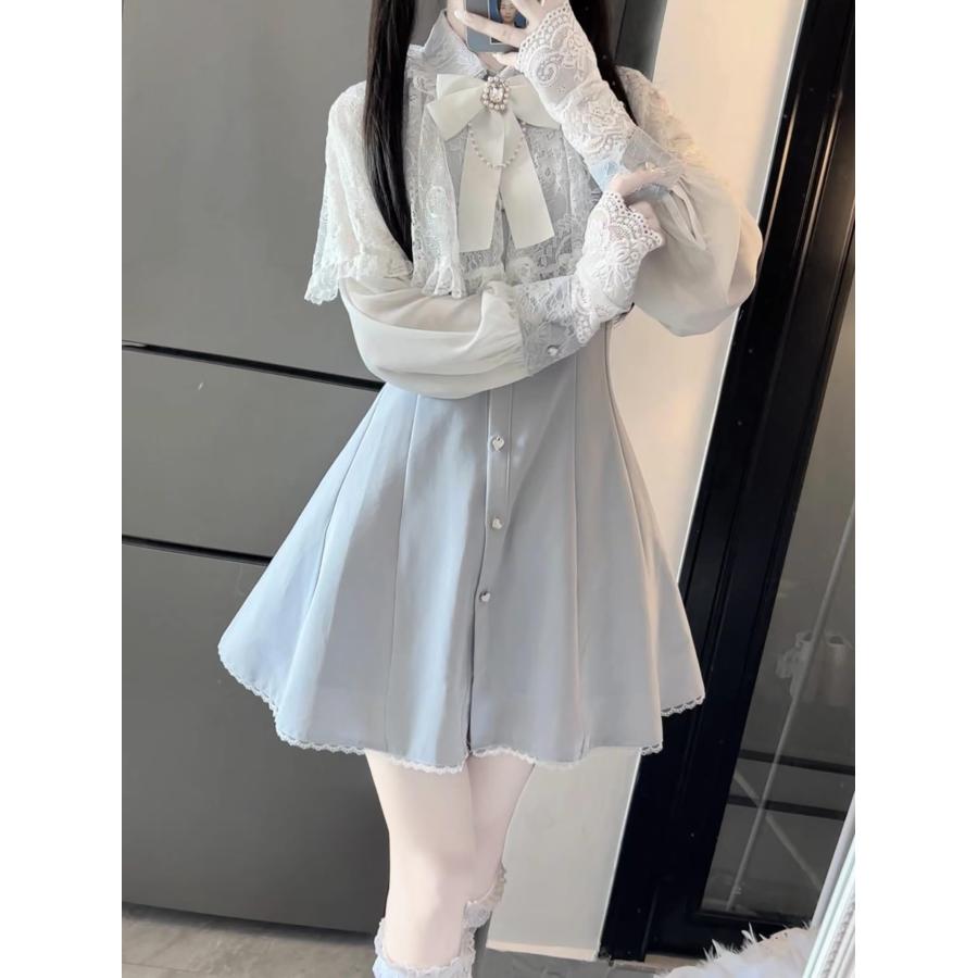 地雷系 ワンピース レディース レース 長袖 フリル 蝶結び ハイ