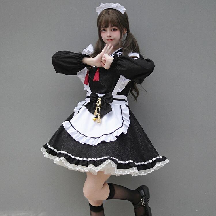 5点セット】ロリータ メイド服 中華風 チャイナボタン 黒 大きいサイズ 