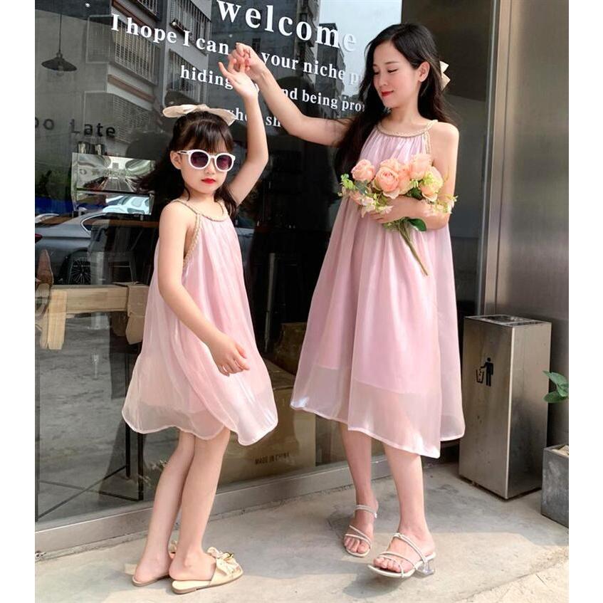 親子 ワンピース ノースリーブ 子供ワンピース 体型カバー 春夏 ピンク