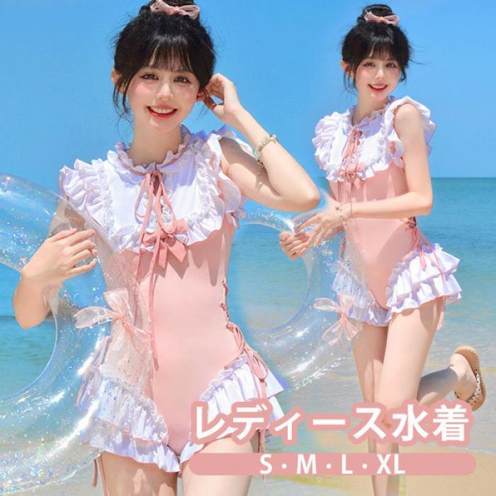 ワンピース水着 レディース ロリータ風 リボン パッド付き 学生風