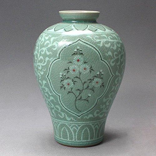 並行輸入品】韓国製 陶磁器(青磁) 鶴＆菊柄 花瓶 インテリア Korean