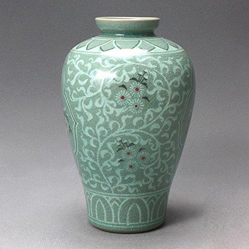 緑色の鶴模様の陶器花瓶 約29cm 並行輸入品】韓国製 陶磁器(青磁) 鶴＆菊柄 花瓶 インテリア Korean