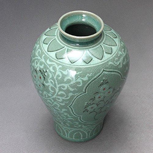 並行輸入品】韓国製 陶磁器(青磁) 鶴＆菊柄 花瓶 インテリア Korean