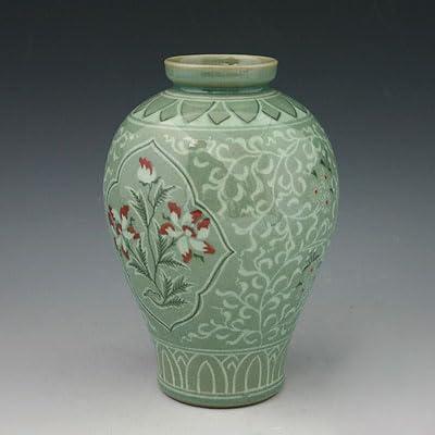 並行輸入品】韓国青磁釉 半円 象嵌銅ペイント 蓮の花 インレイデザイン