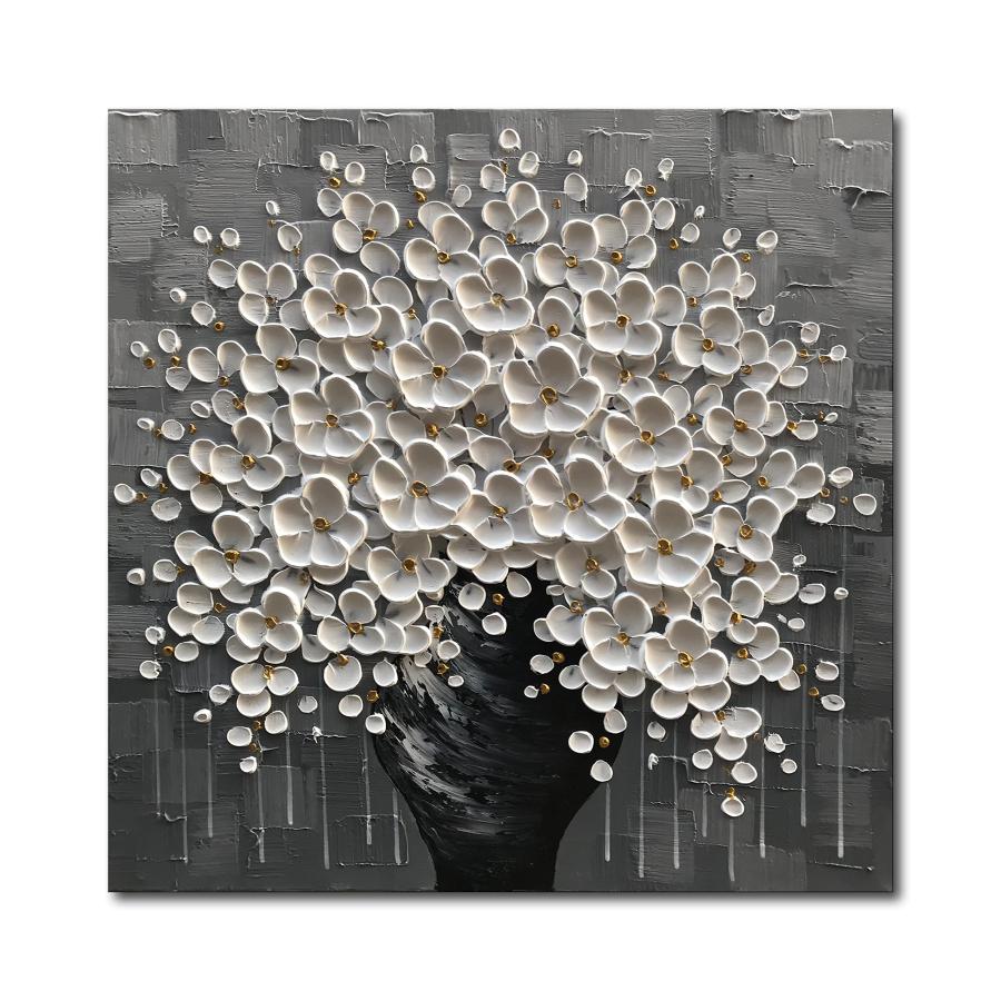 並行輸入品】Diathou 手描き 3D 花の絵画 白い花 黒い花瓶 60.96cm x