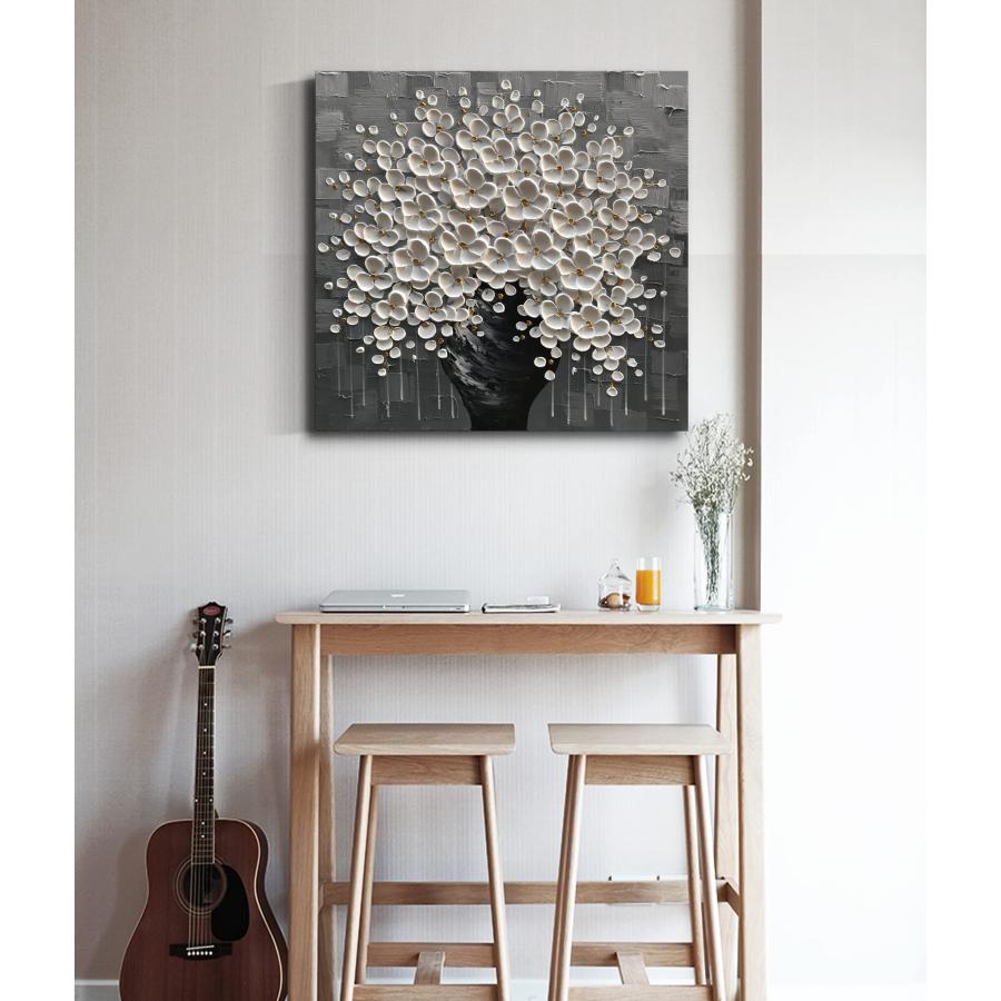 並行輸入品】Diathou 手描き 3D 花の絵画 白い花 黒い花瓶 60.96cm x