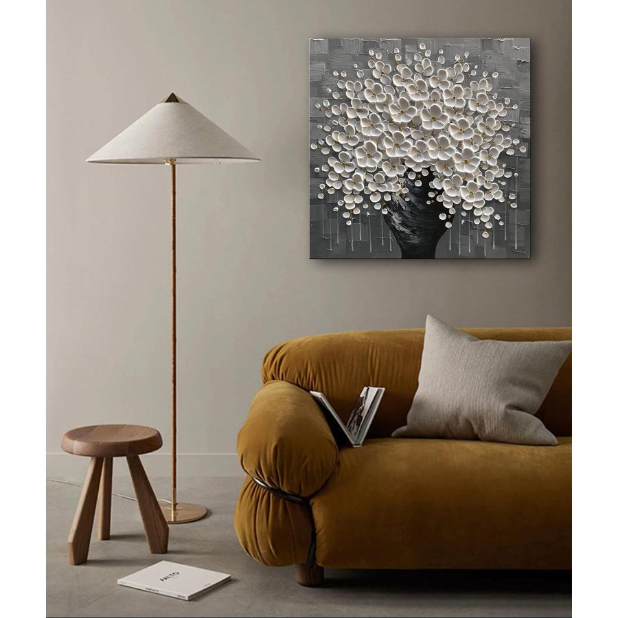 並行輸入品】Diathou 手描き 3D 花の絵画 白い花 黒い花瓶 60.96cm x