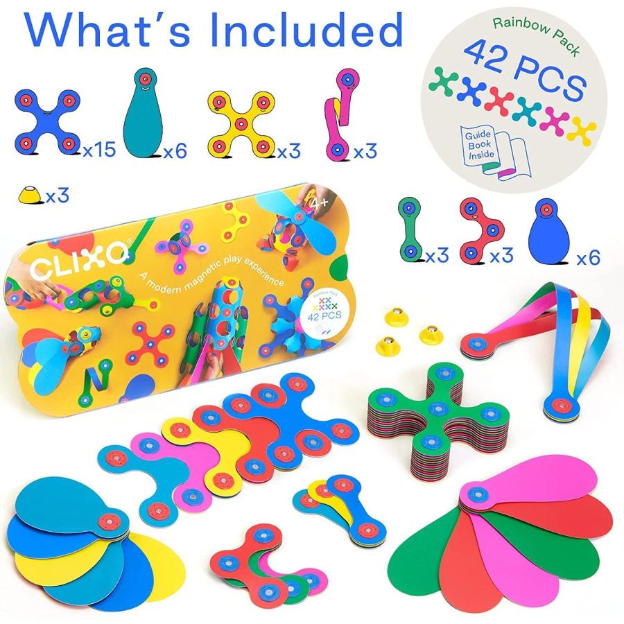 【並行輸入品】Clixo Rainbow 42個パック   柔軟性、耐久性、想像力を高める磁気組み立ておもちゃ   モダンでモジュール式デザインの画像