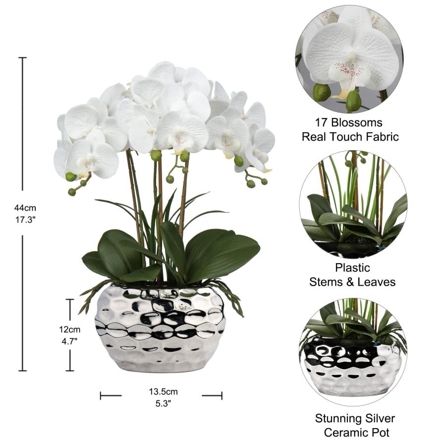 【並行輸入品】Briful Orchids 造花 18インチ ホワイト 胡蝶蘭 シルバーセラミックポット付き リアルタッチ フェイク ランプラン_3