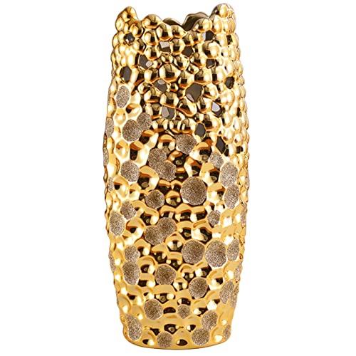 【並行輸入品】Vase Home ゴールデン 高さ36cm セラミックフラワープラント ゴールデン仕上げ ハンマーテクスチャ ホーム装飾 クリエ