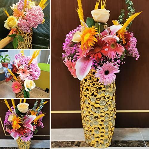 【並行輸入品】Vase Home ゴールデン 高さ36cm セラミックフラワープラント ゴールデン仕上げ ハンマーテクスチャ ホーム装飾 クリエ