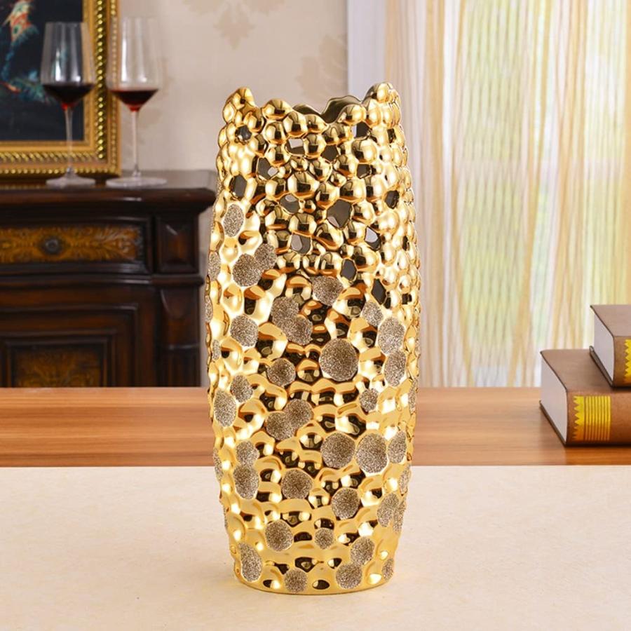 【並行輸入品】Vase Home ゴールデン 高さ36cm セラミックフラワープラント ゴールデン仕上げ ハンマーテクスチャ ホーム装飾 クリエ